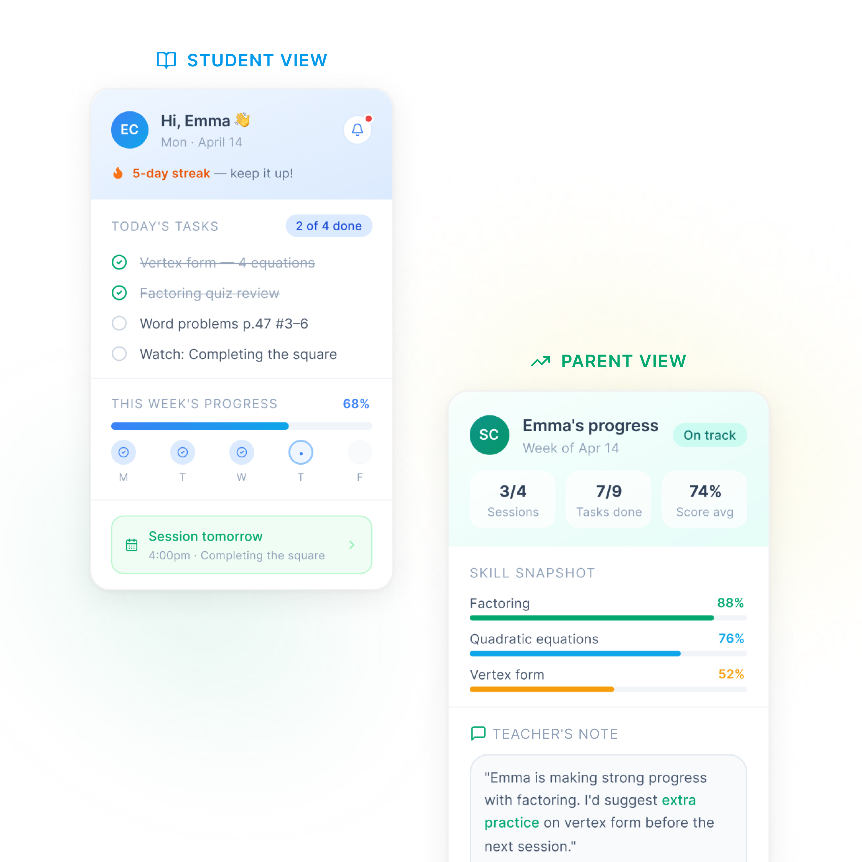 Student portal and parent portal views